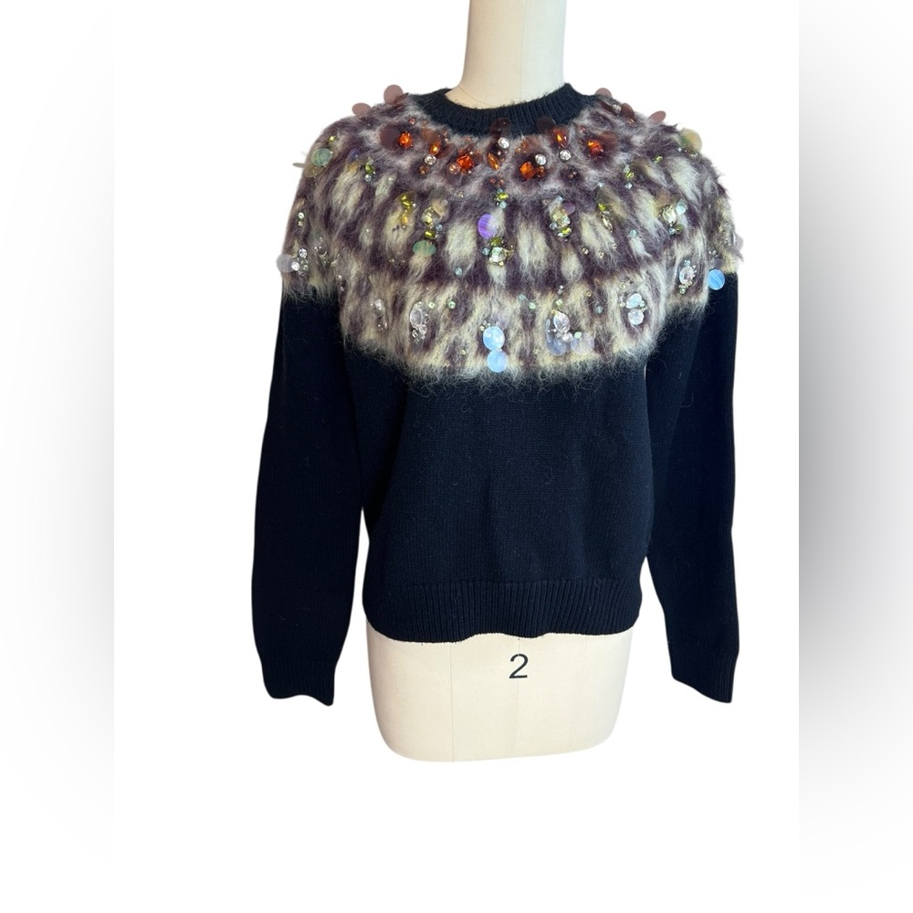 Tory Burch Black Crewneck Sweater with Multicolor Yoke Embellishment - Picture 2 of 10